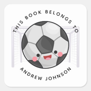 Cute Kawaii Soccer Ball Goal Kids Name Bookplate Square Sticker