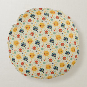 Cute Kawaii Solar System Planets Pattern Round Cushion