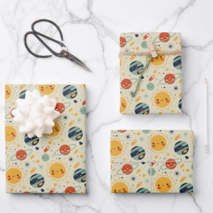 Cute Kawaii Solar System Planets Pattern Wrapping Paper Sheet