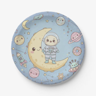 Cute Kawaii Space - Astronaut and Smiling Moon Paper Plate