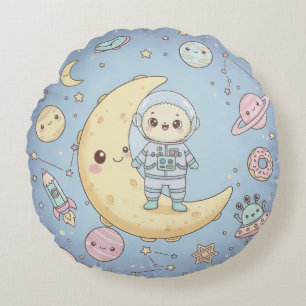 Cute Kawaii Space - Astronaut and Smiling Moon Round Cushion