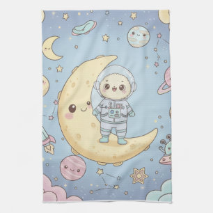 Cute Kawaii Space - Astronaut and Smiling Moon Tea Towel