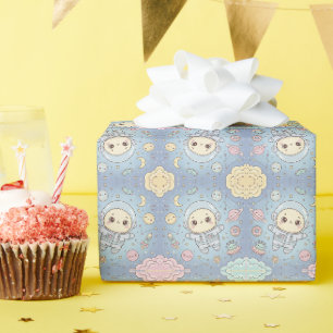 Cute Kawaii Space - Astronaut and Smiling Moon Wrapping Paper