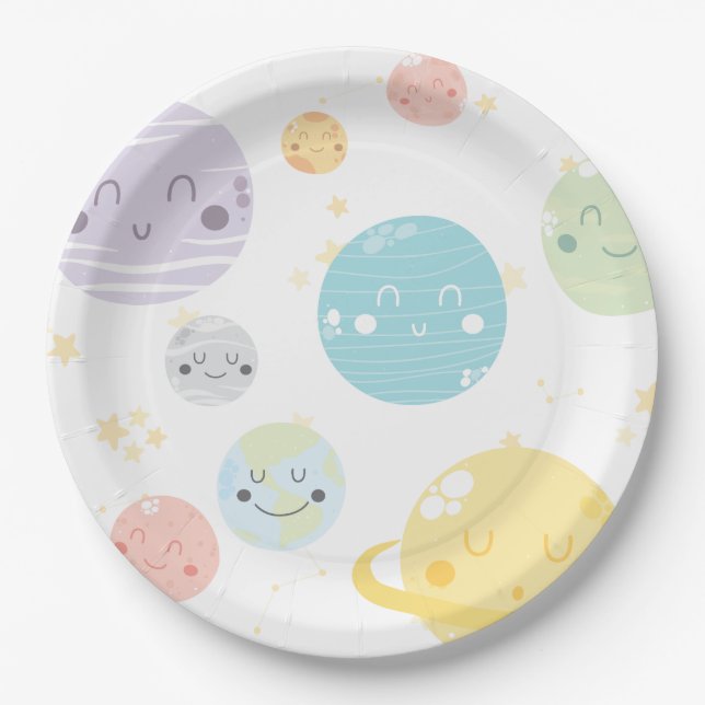 Cute Kawaii Space Stars & Planets Birthday Party Paper Plate (Front)