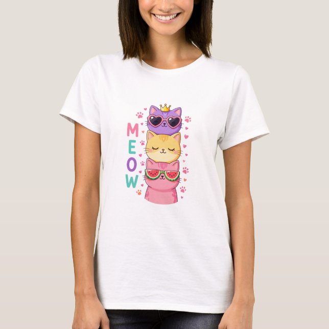 Cute Kawaii Stacked Cats Sunglasses Meow T-Shirt (Front)