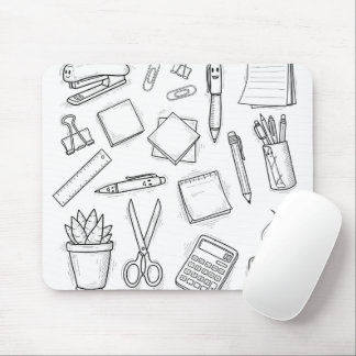 Cute Kawaii Stationery Doodles Black and White Off Mouse Mat