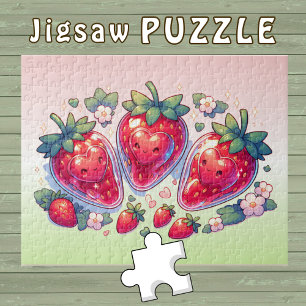 Cute Kawaii Strawberries with smiling Hearts - Jigsaw Puzzle