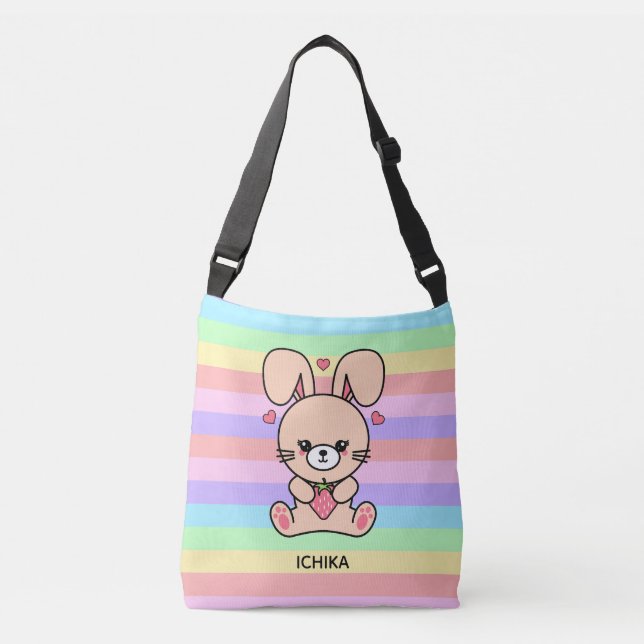 Cute Kawaii Strawberry Bunny Rabbit Striped Crossbody Bag (Front)