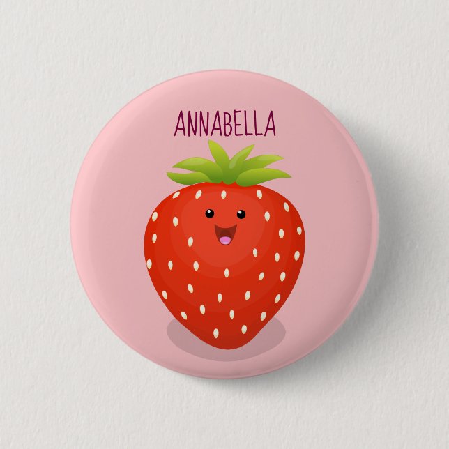 Cute kawaii strawberry cartoon illustration 6 cm round badge (Front)