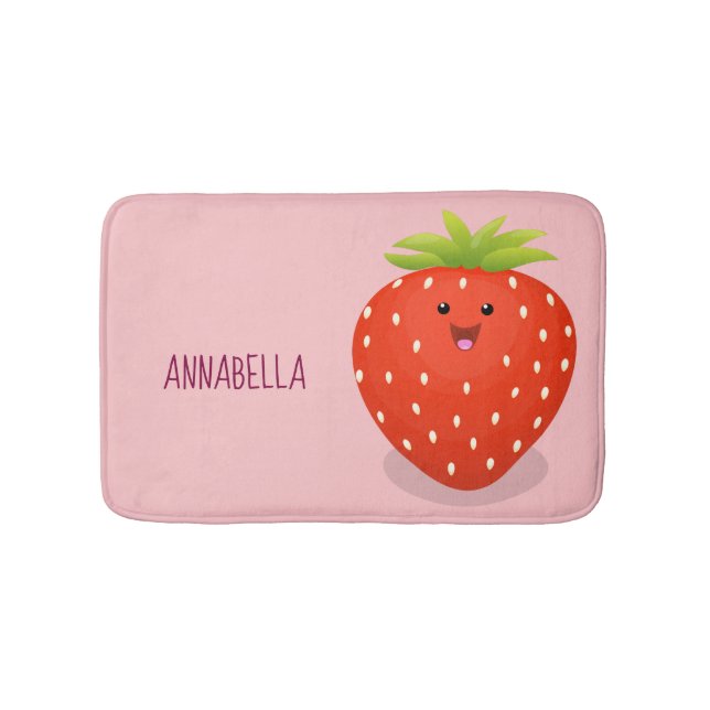 Cute kawaii strawberry cartoon illustration bath mat (Front)