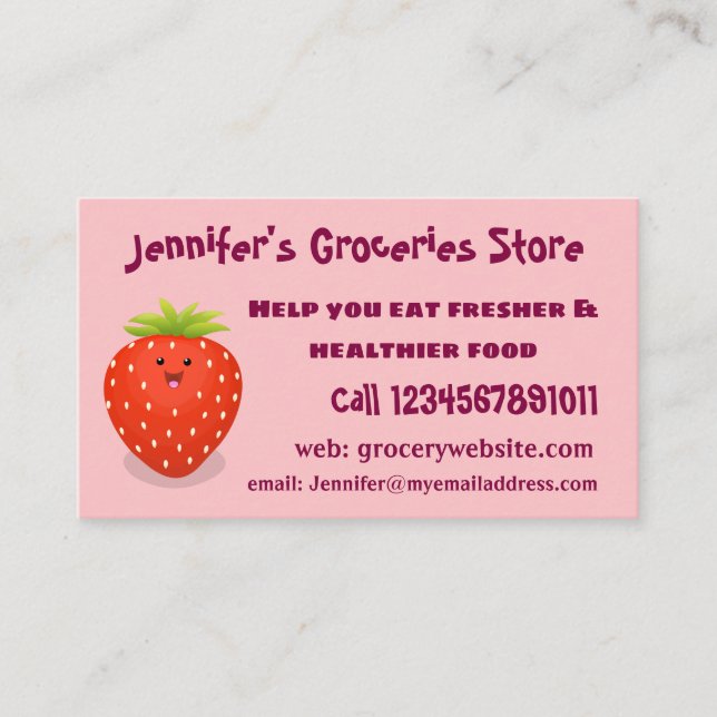 Cute kawaii strawberry cartoon illustration business card (Front)