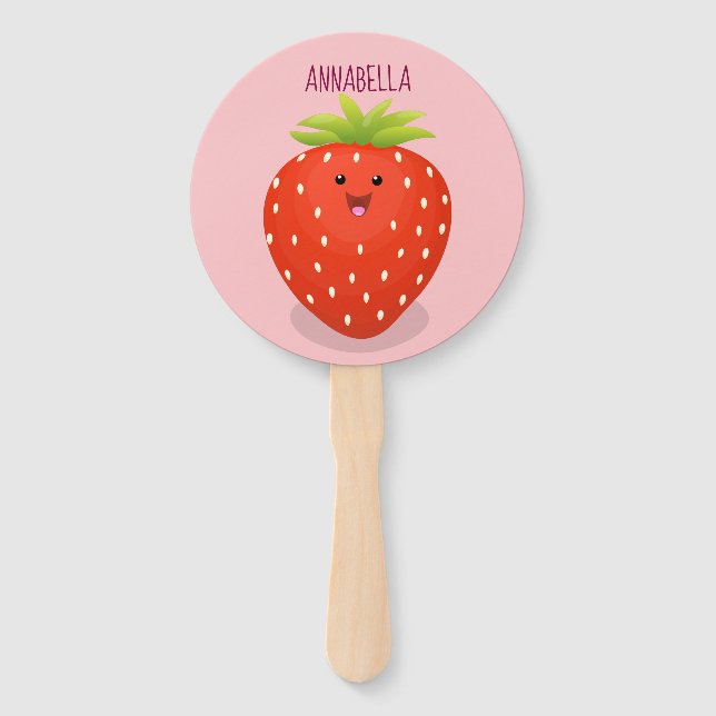 Cute kawaii strawberry cartoon illustration hand fan (Front)