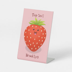 Cute kawaii strawberry cartoon illustration pedestal sign