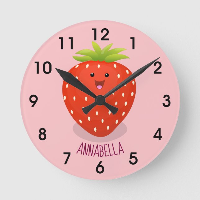 Cute kawaii strawberry cartoon illustration round clock (Front)