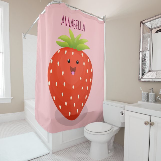 Cute kawaii strawberry cartoon illustration shower curtain (In Situ)