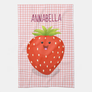Cute kawaii strawberry cartoon illustration tea towel
