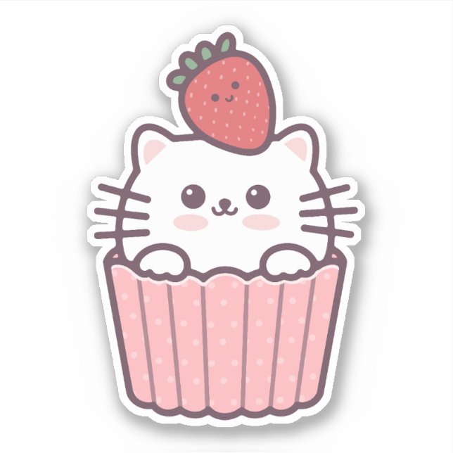 Cute Kawaii Strawberry Cat Cupcake Cartoon (Front)
