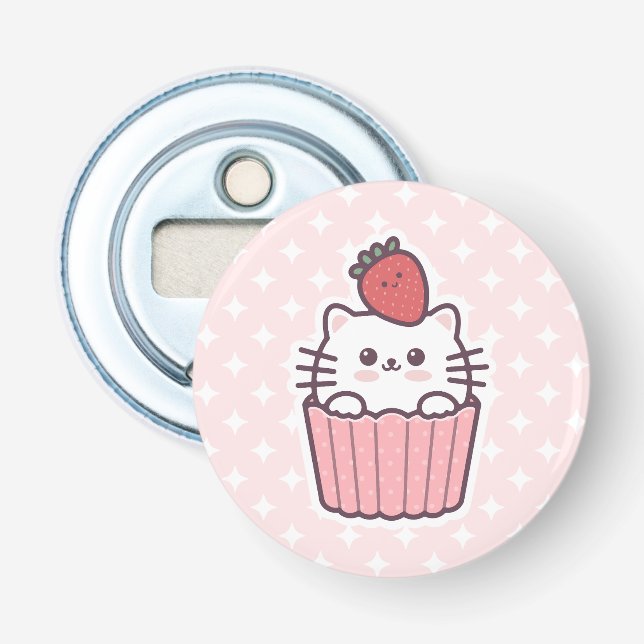 Cute Kawaii Strawberry Cat Cupcake Cartoon Bottle Opener (Front)