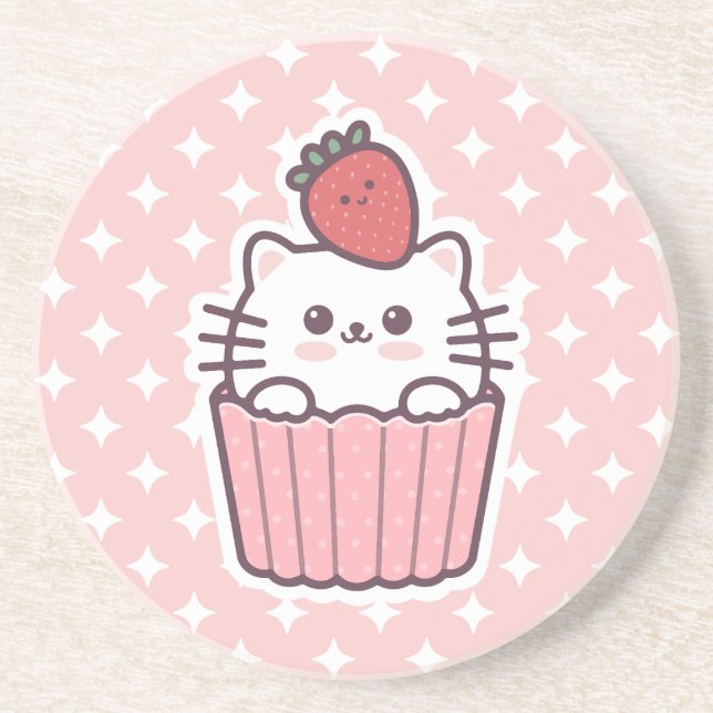 Cute Kawaii Strawberry Cat Cupcake Cartoon Coaster (Front)