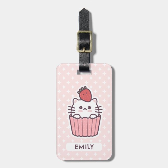 Cute Kawaii Strawberry Cat Cupcake Cartoon Luggage Tag (Front Vertical)