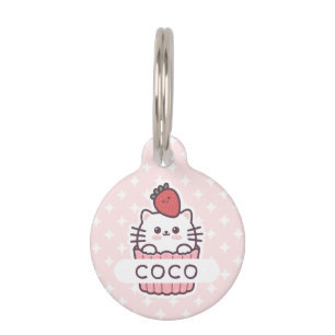 Cute Kawaii Strawberry Cat Cupcake Cartoon Pet Tag
