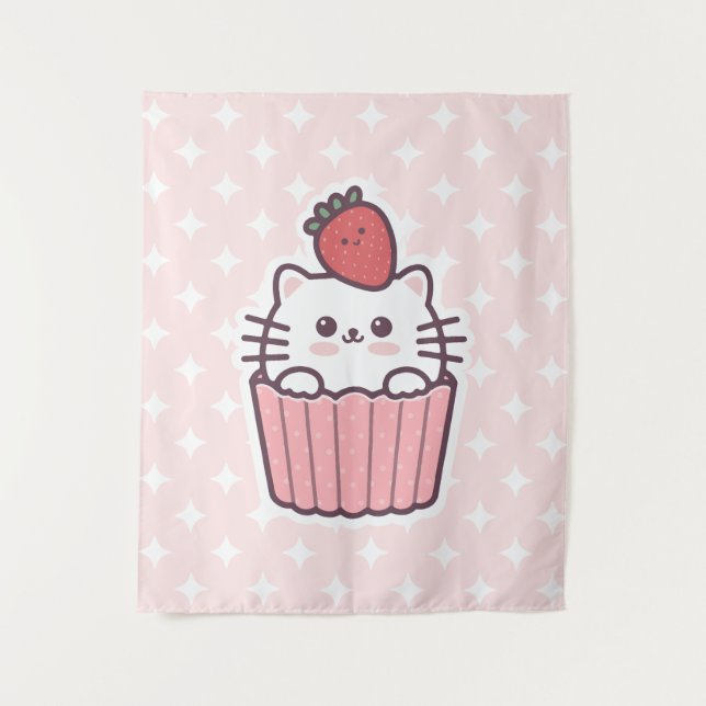Cute Kawaii Strawberry Cat Cupcake Cartoon Tapestry (Front)