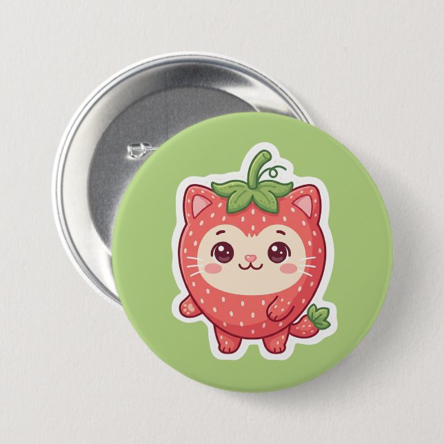 Cute Kawaii Strawberry Cat Pinback Button (Front & Back)