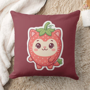 Cute Kawaii Strawberry Cat Throw Pillow