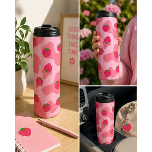 Cute Kawaii Strawberry Cow Pattern Thermal Tumbler