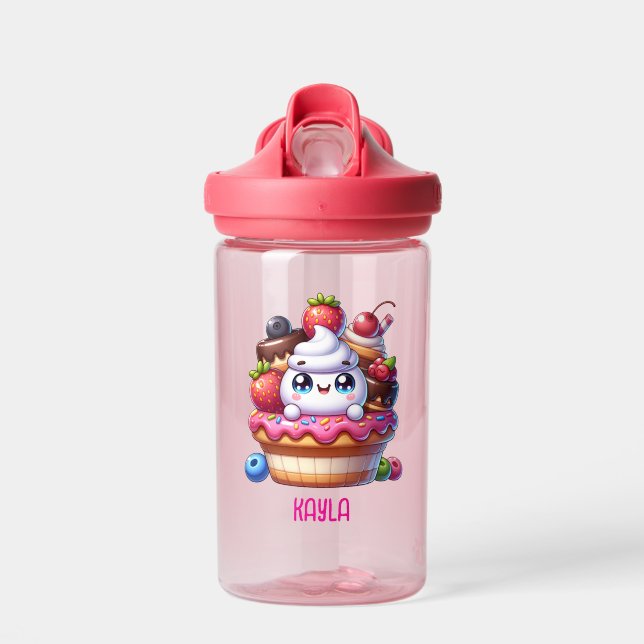 Cute Kawaii Strawberry Cupcake Personalised Water Bottle (Front)