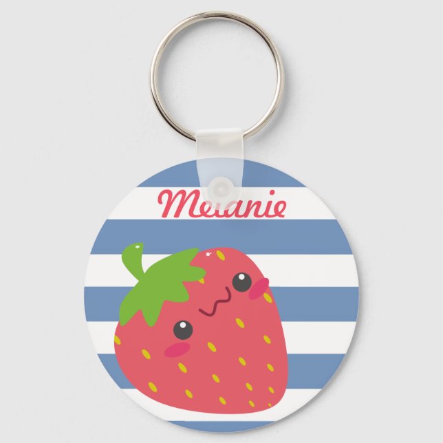 Cute Kawaii Strawberry Striped Personalised Key Ring (Front)