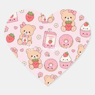 Cute Kawaii Strawberry Teddy Bear Pattern Pink Heart Sticker
