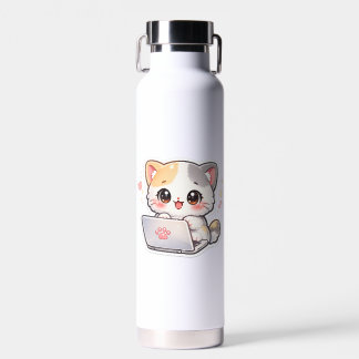 Cute Kawaii Study Cat Water Bottle | Chibi Cat Lap