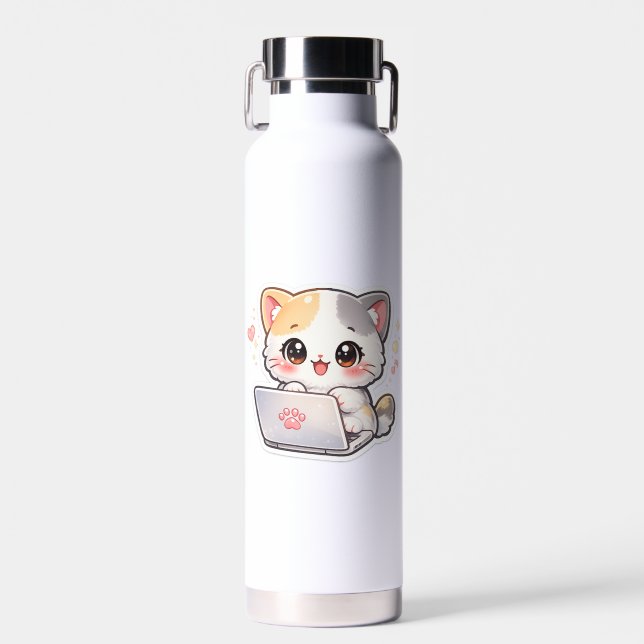 Cute Kawaii Study Cat Water Bottle | Chibi Cat Lap (Front)