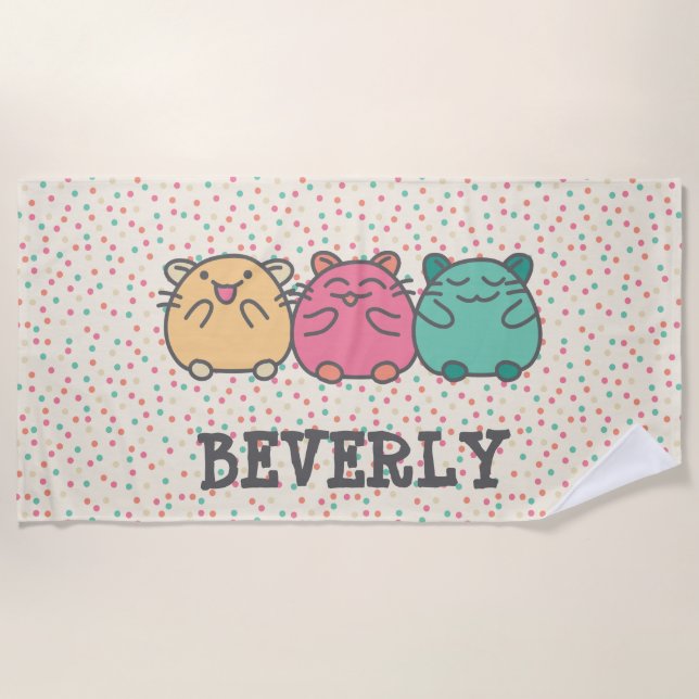 Cute Kawaii Style Cartoon Hamsters Personalised Beach Towel (Front)
