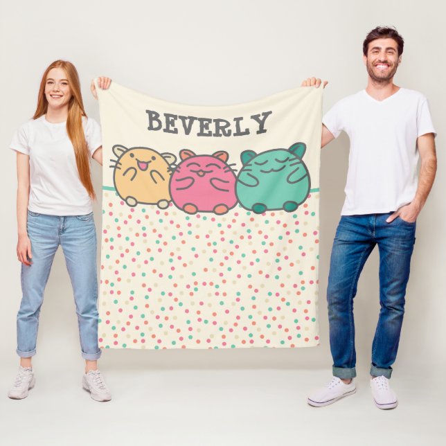 Cute Kawaii Style Cartoon Hamsters Personalised Fleece Blanket (In Situ)