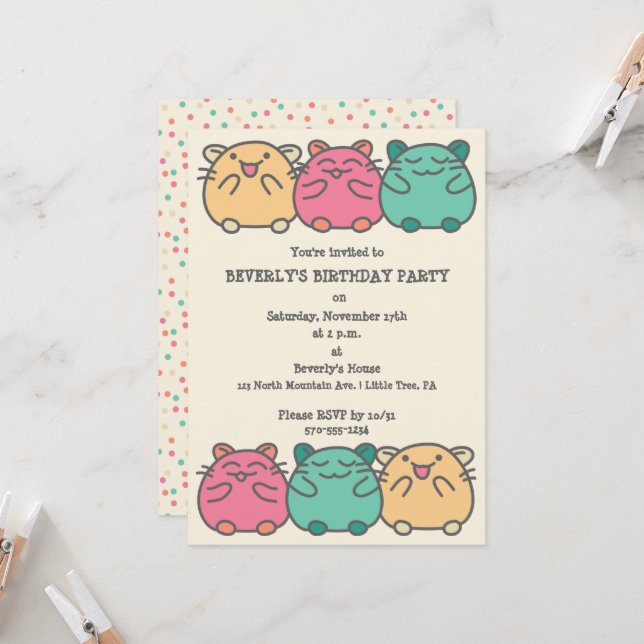 Cute Kawaii Style Cartoon Hamsters Personalised Invitation (Front/Back In Situ)