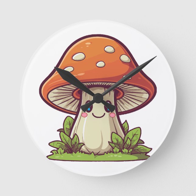 Cute kawaii style, Mushroom foraging Round Clock (Front)