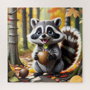 Cute Kawaii style Raccoon Autumn Setting Jigsaw Puzzle