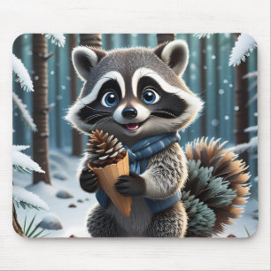 Cute Kawaii style Raccoon with a Pine cream cone Mouse Mat