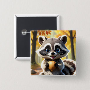 Cute Kawaii style Racoon holding an acorn 15 Cm Square Badge