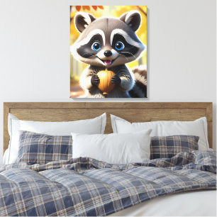 Cute Kawaii style Racoon holding an acorn  Canvas Print
