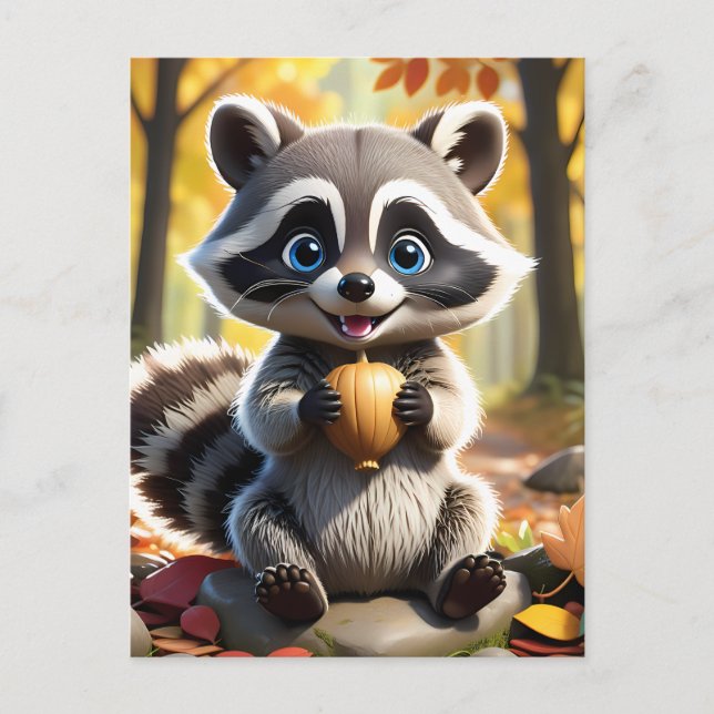 Cute Kawaii style Racoon holding an acorn  Postcard (Front)