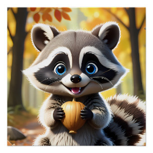 Cute Kawaii style Racoon holding an acorn  Poster