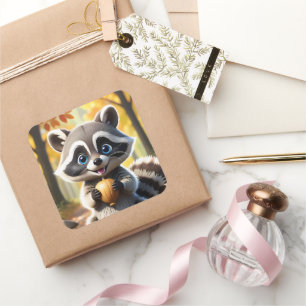 Cute Kawaii style Racoon holding an acorn Square Sticker