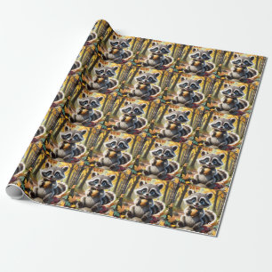 Cute Kawaii style Racoon holding an acorn Wrapping Paper