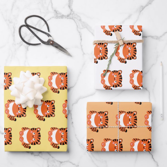 Cute kawaii-style tiger wrapping paper (Front)