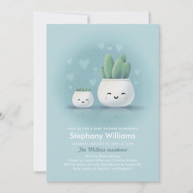 Cute Kawaii Succulent Boy Blue Baby Shower Invitat Invitation (Front)