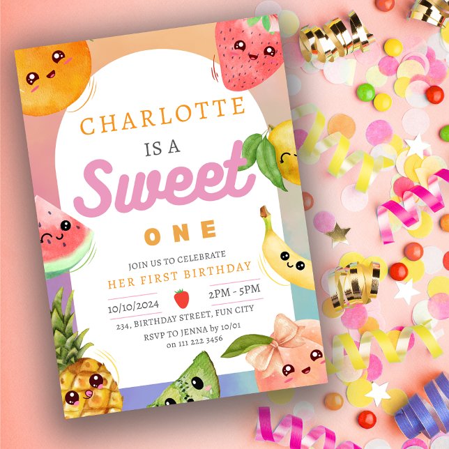 Cute Kawaii Summer Fruit 1st First Birthday Girl Invitation (Cute Kawaii Summer Fruit 1st First Birthday Girl Invitation)