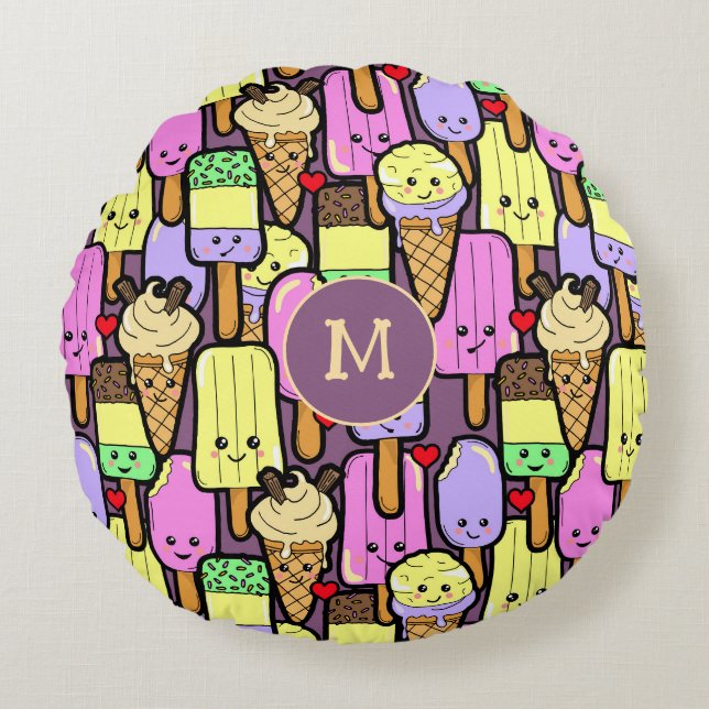 Cute Kawaii Summer Popsicles Monogram Round Cushion (Front)